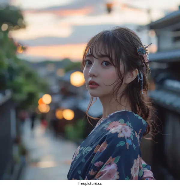 Asian Woman in Traditional Japanese Kimono at Sunset