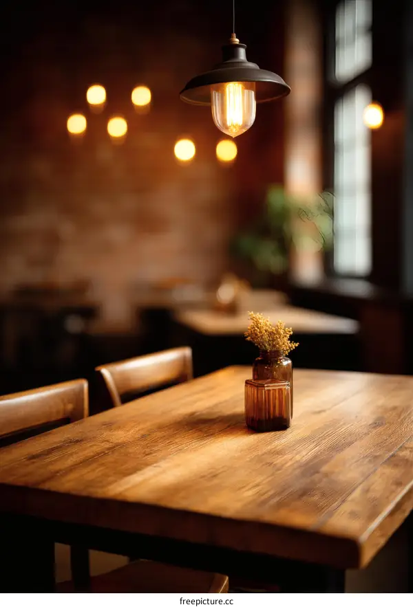 Rustic Restaurant Interior with Wooden Table and Edison Bulb Lighting
