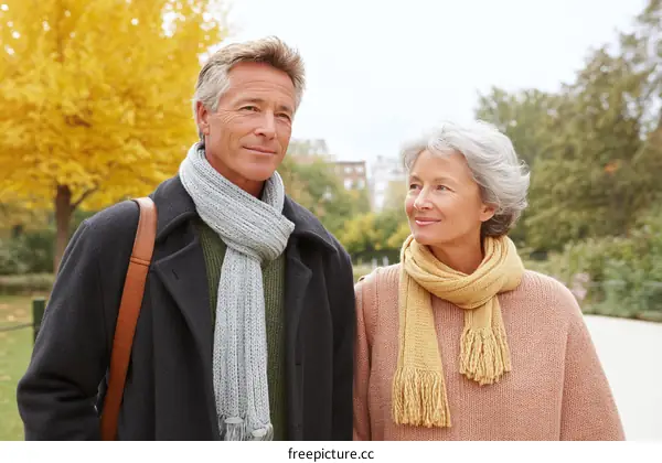 Autumnal Stroll of a Senior Couple in Park
