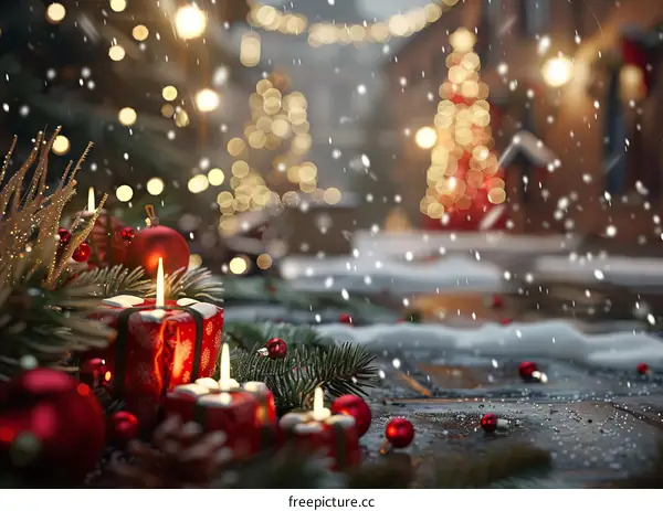 Christmas Background with Blurred Bokeh Lights and Falling Snow