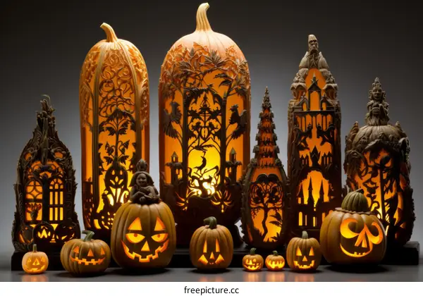 Carved pumpkins with intricate designs