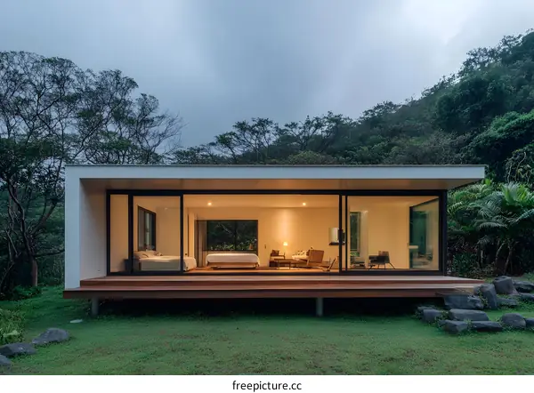 Modern Minimalist House with Large Windows and Wooden Deck