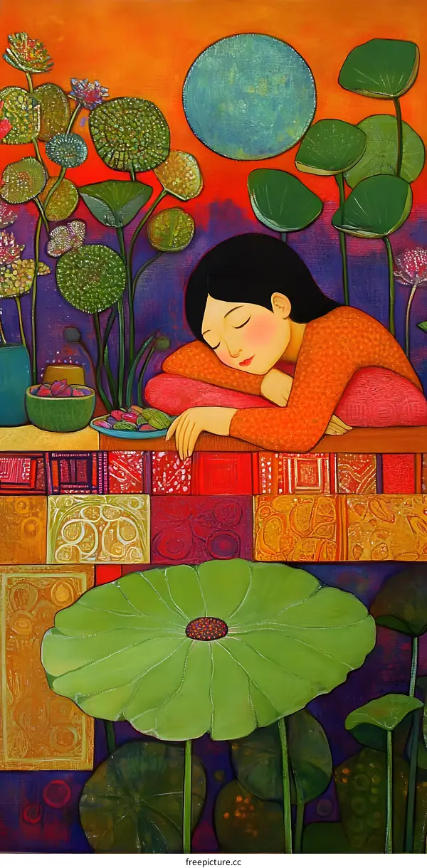 Woman Sleeping in a Garden with a Big Moon in the Sky