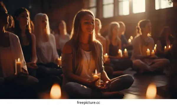 A group of women are sitting in a circle with their eyes closed and holding candles.