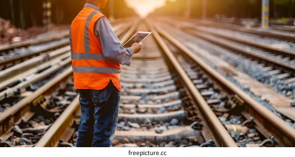 Railway worker inspecting tracks with tablet
