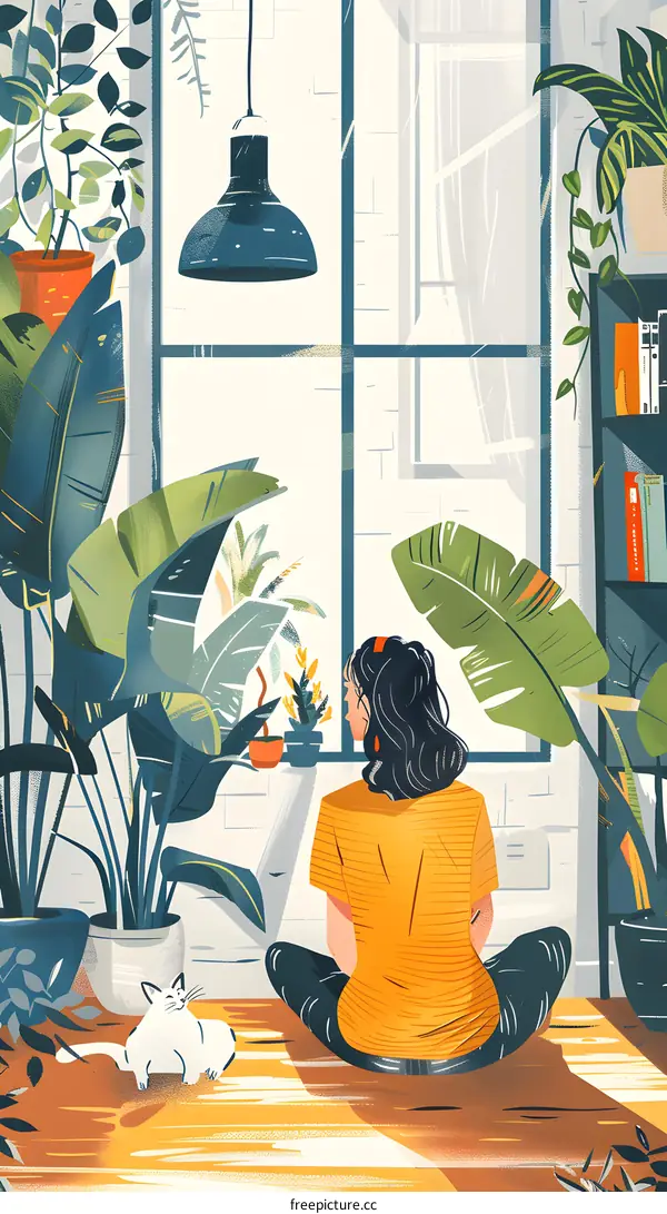 A woman sitting on the floor in a room full of plants