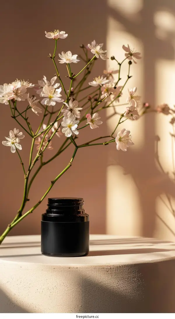 Black Cosmetic Jar with Pink Cherry Blossom Flowers