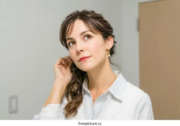 Woman Adjusting Hair in a Stylish Casual Outfit
