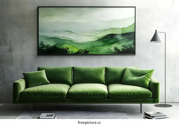 Modern Green Living Room with Abstract Mountain Artwork