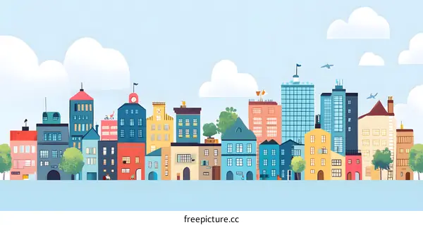 Colorful Cityscape Illustration With Buildings And People