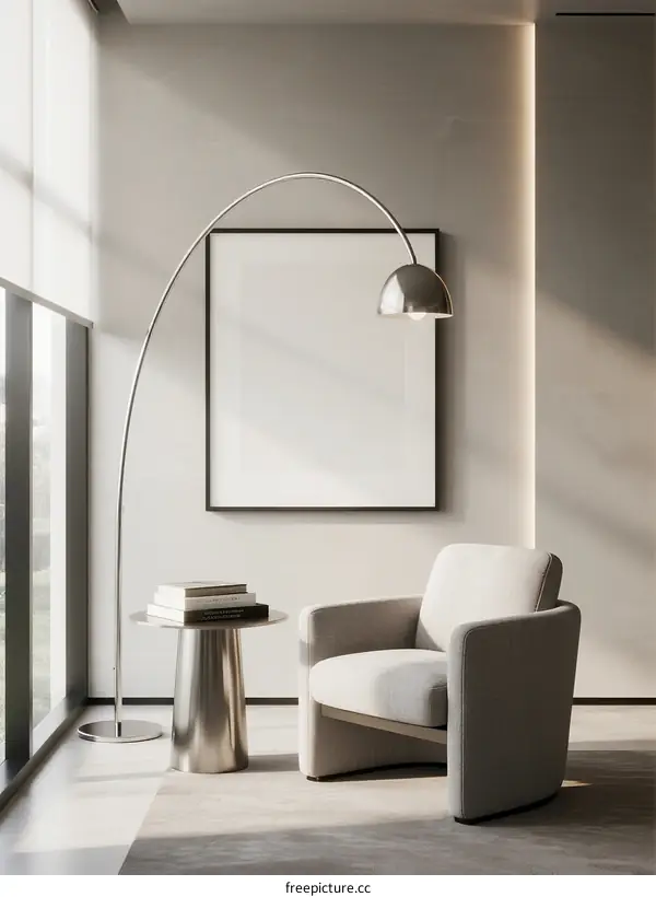 Modern living room interior with arc floor lamp and armchair