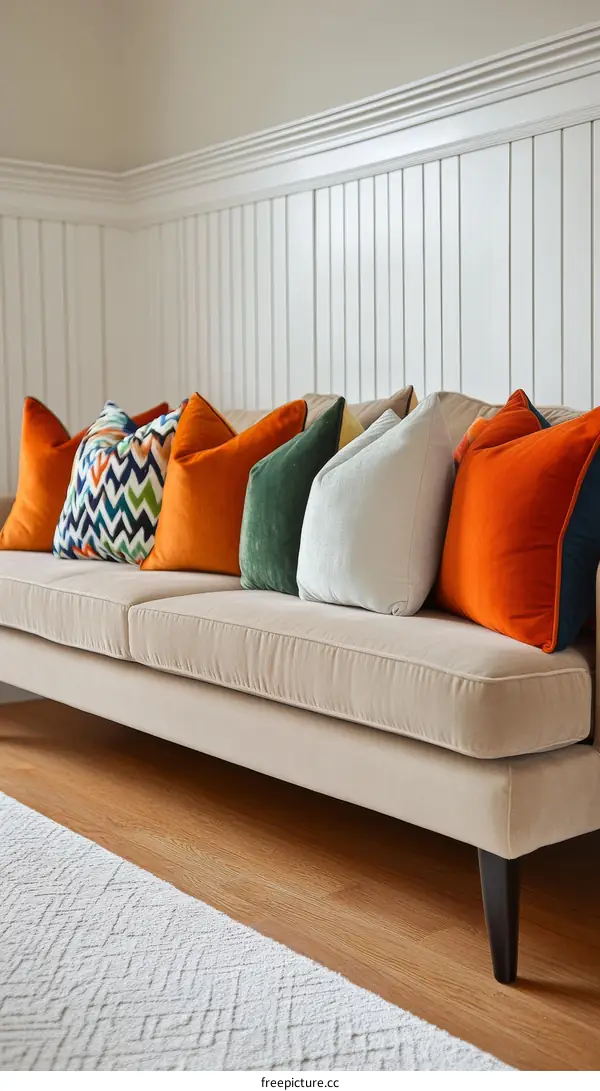 Beige Sofa with Colorful Throw Pillows