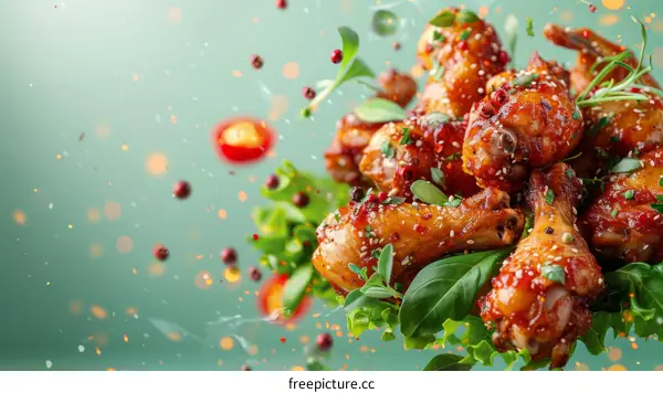 A plate of delicious chicken wings with lettuce, garnished with herbs and spices