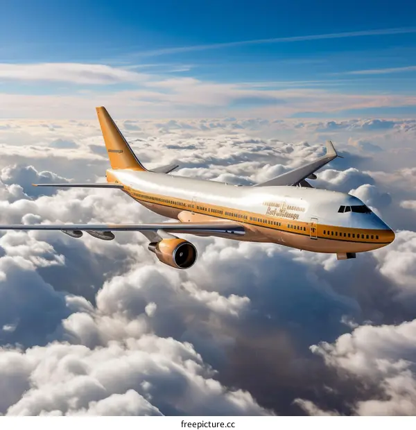 A golden airplane is flying in the clouds