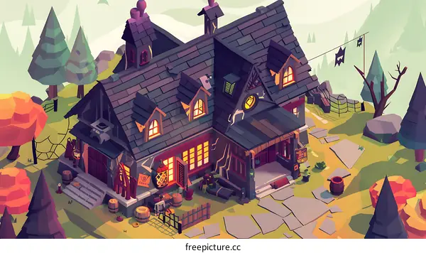 Low Poly Illustration of a Haunted House in the Woods