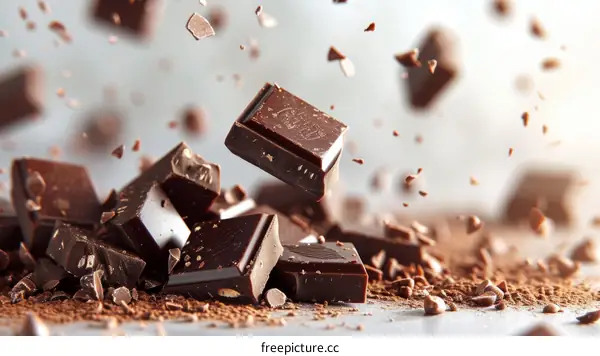 A pile of dark chocolate pieces with cocoa powder