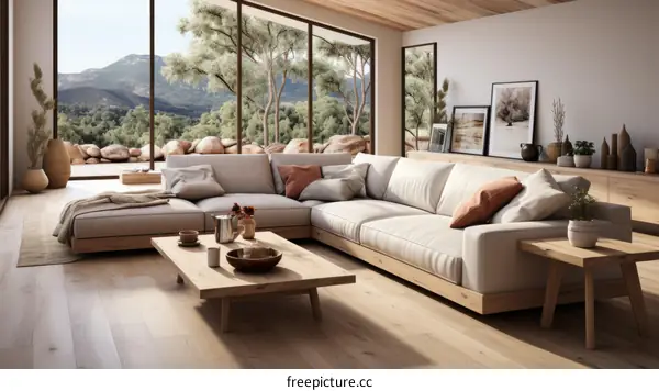 Modern Minimalist Living Room Design with Large Windows and Cozy Sofa
