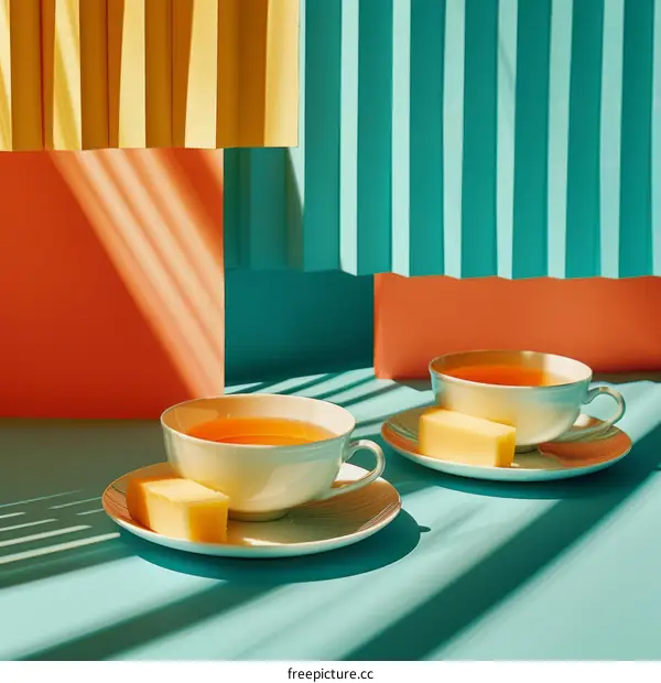 Two Cups of Tea on a Blue Table
