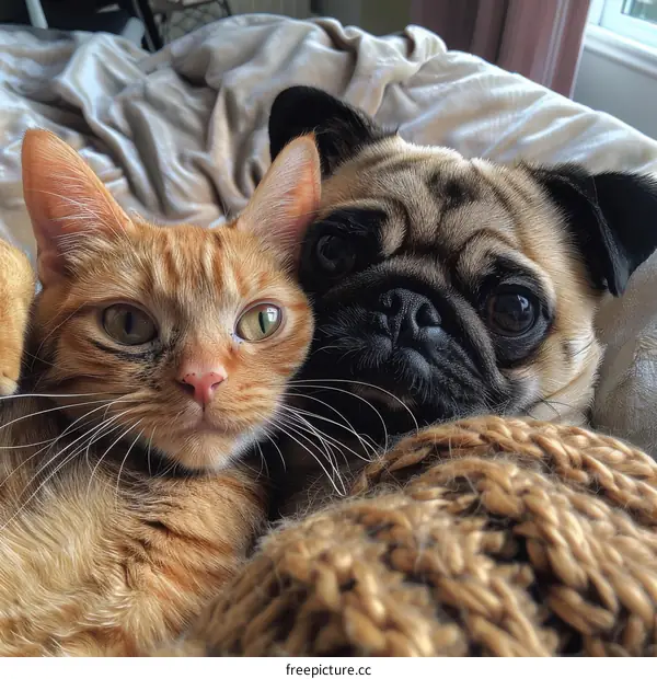 Orange cat and pug cuddle up together on a bed