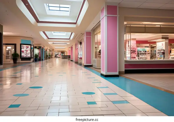 An empty shopping mall with pink columns and blue floors