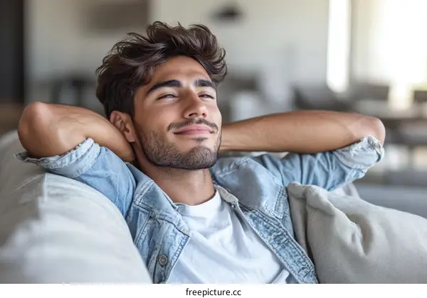 Relaxed Man on Sofa with Hands Behind Head
