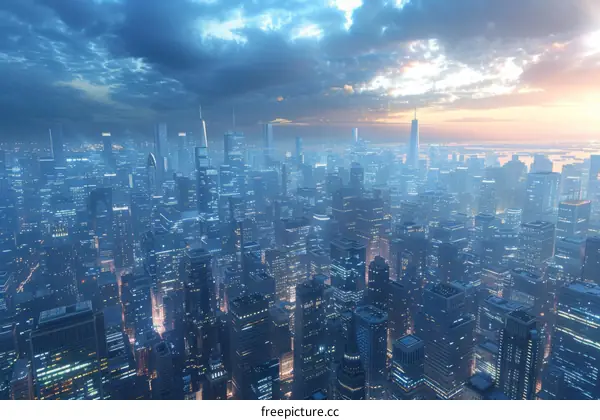 Aerial View of a Futuristic Metropolis at Dusk
