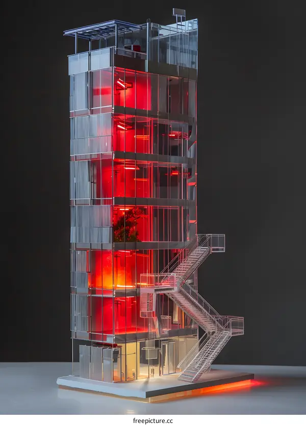 Glass Building Model With Red Lighting