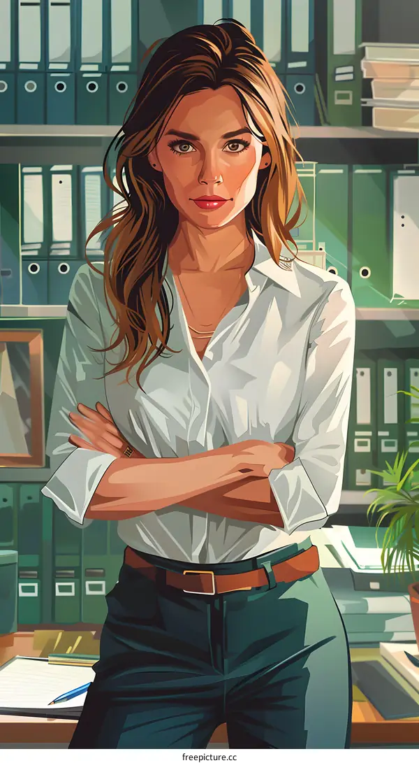 businesswoman standing in front of a shelf