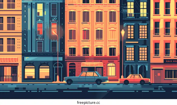 Vintage Cityscape with Cars and Street Lights