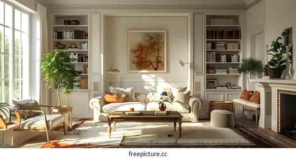 A sofa by the fireplace