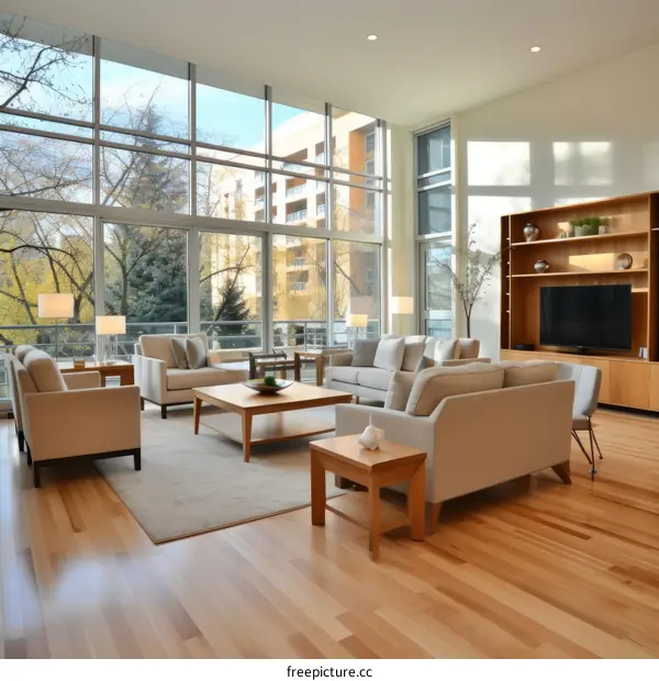 Bright, airy living room with large windows and hardwood floors