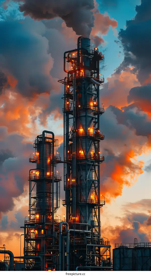Oil Refinery and Vibrant Sky at Dusk