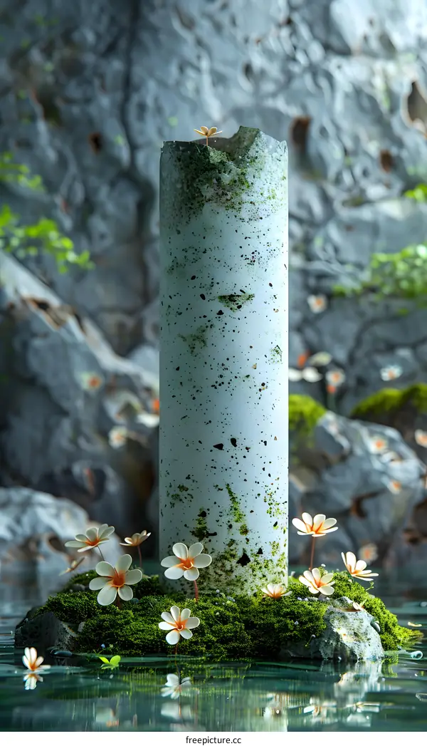 ruins of an ancient column in the middle of a lake overgrown with moss and flowers