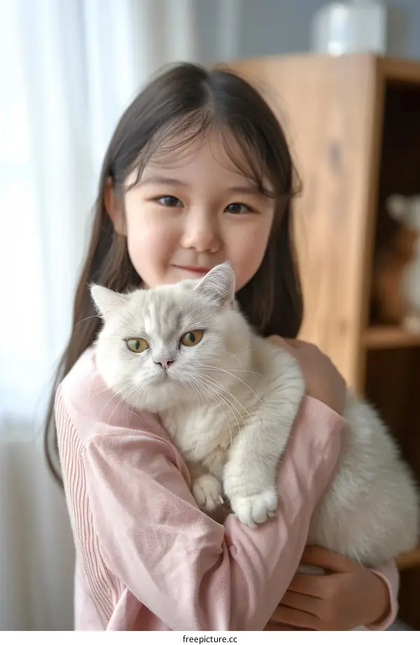 A cute Asian girl hugging a white cat