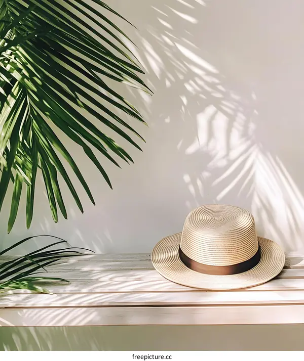 Palm Leaf and Straw Hat on White Background