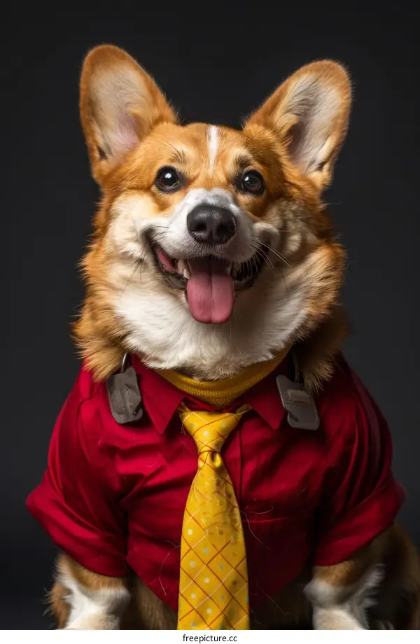 A cute corgi wearing a red shirt and tie