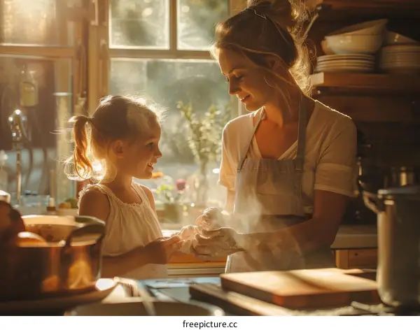 Mother and daughter cooking together in the kitchen