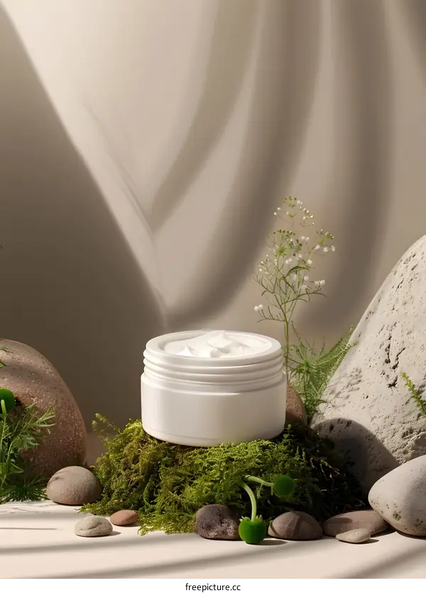 Natural Skin Care Cream Jar on Mossy Rock with Flowers