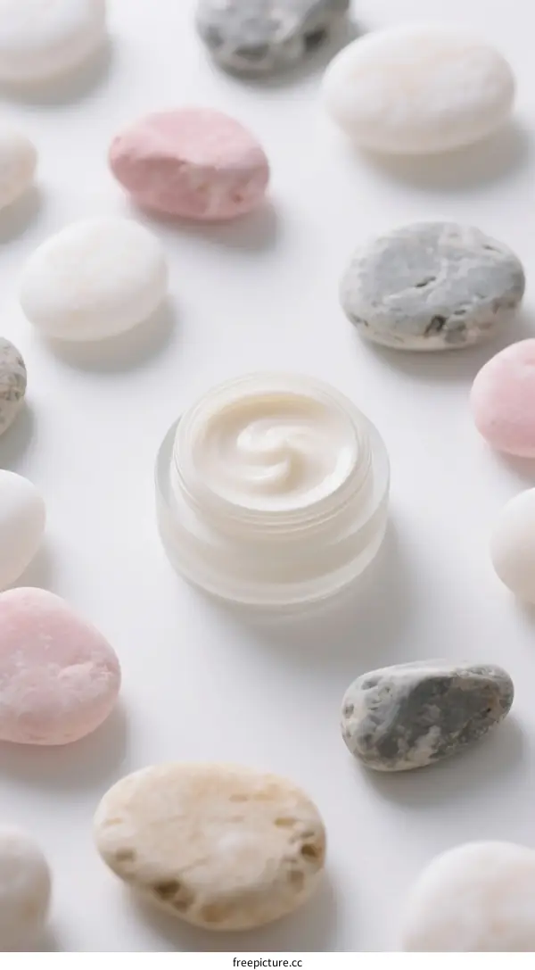 Cream container surrounded by colorful smooth stones on white background