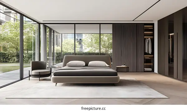 Modern Bedroom Interior Design With Large Windows And Closet
