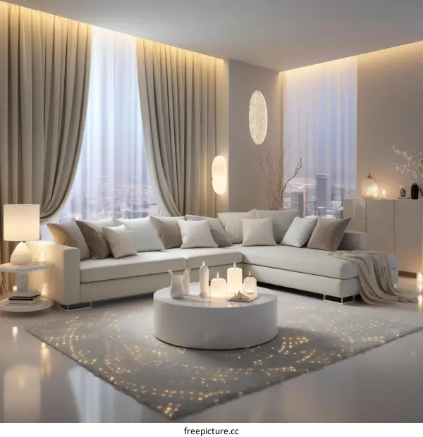 A Luxurious Living Room With Modern Furnishings and a Spectacular View of the City at Night