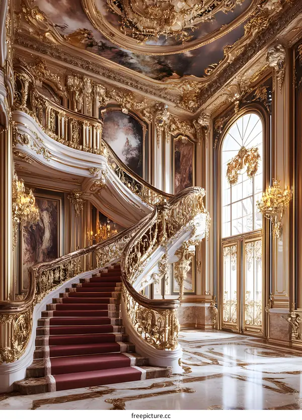 Grand Staircase in a Luxurious Palace with Gold Accents