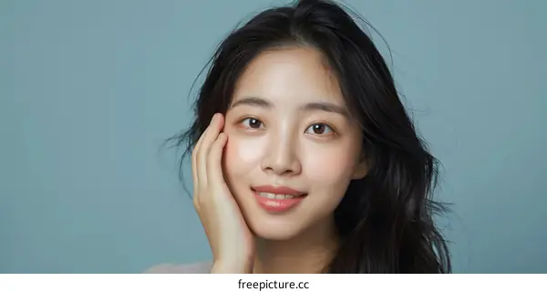 Smiling Asian Woman Posing with Soft Makeup and Light Blue Background