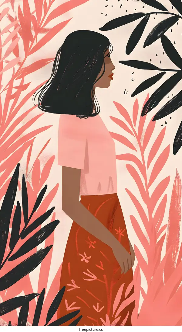 Woman in Pink and Red Dress Standing in Front of Tropical Leaves