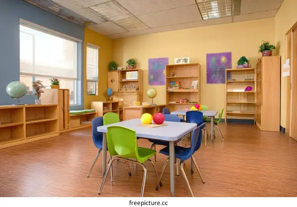 Preschool Classroom with Colorful Tables and Chairs