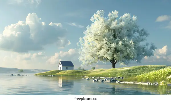 Serene Lakeside Cottage with Blooming Tree