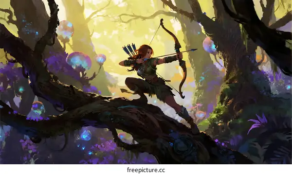 A Young Female Archer Hiding in a Magical Forest with Bioluminescent Plants