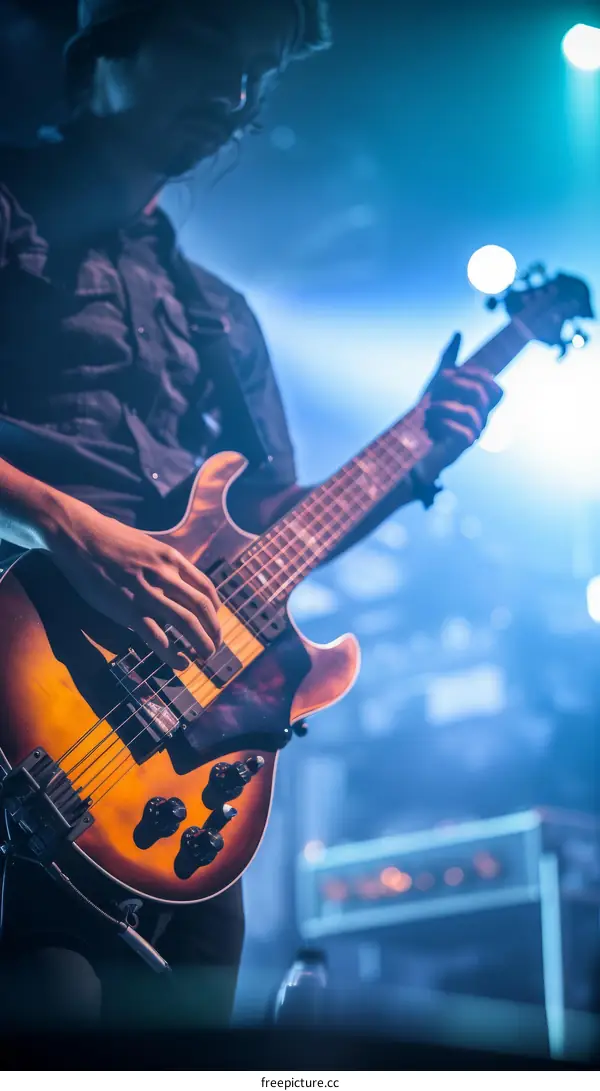 A musician playing the bass guitar on stage
