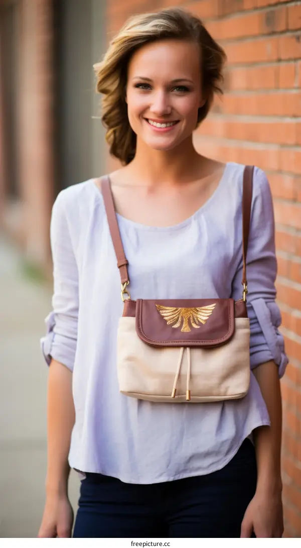 Portrait of a young woman with a brown leather bag