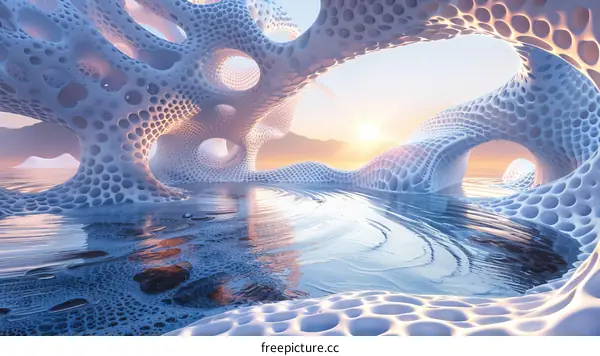 Abstract White Structure on Water with Sunset in Background